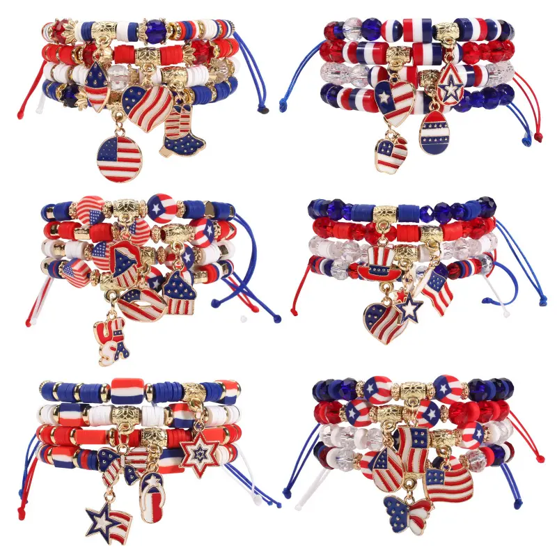USA Flag Patriotic Independence Day Woven Adjustable Bracelet - Heart & Star Design Classic Red White Blue Friendship Bracelet