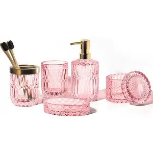 New Pink Bathroom Accessories Set - 5 PCS Glass Bathroom Decor with Soap Dispenser & Soap Dish & Toothbrush Holder & Tumbler & Cotton Swab Jar - Bathroom Accessory Set Soap Dispenser Set for Vanity