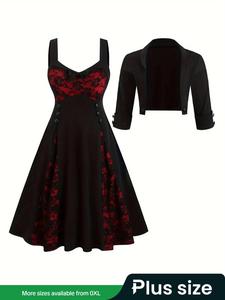 【plus size】 two-piece set crop blazer & colorblock contrast lace bow decor dress, elegant fashion casual blazer & cami plicated dress set for daily outdoor wear, women's outfits for fall & winter