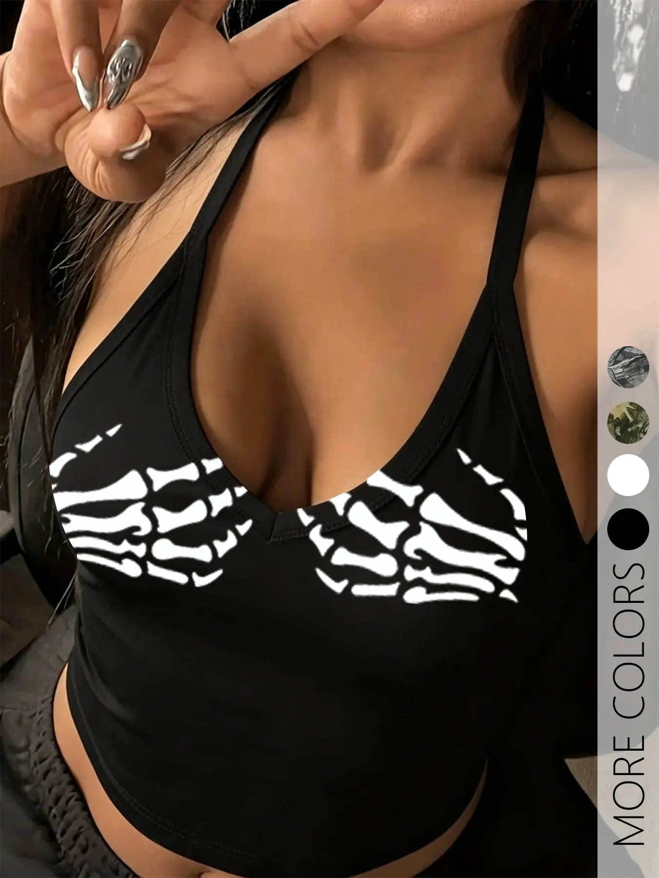 Women's Sexy Deep V Crop Top, Full Body Tree Print, Soft Fabric, Fit, Summer Fashion, Versatile and Stylish, Skull Pattern Design
