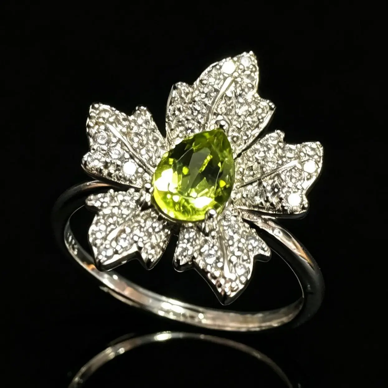 Whimsical Natural Peridot 925 Silver Adjustable Ring - Maple Leaf Halo, High Clarity, Unisex Valentines Day & Birthday Gift Jewelry