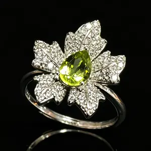 Natural Peridot 925 Silver Adjustable Ring | Maple Leaf Halo Valentines Gift , Gift for Wedding/Birthday/Mother'sDay/Christmas