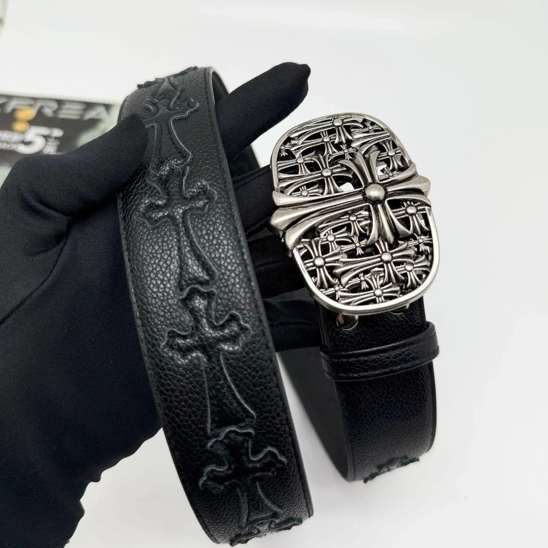 Vintage Embossed PU Leather Belt, Premium Gothic Belt for Men & Women, Adjustable Metal Buckle Trouser Belt, 110cm Length