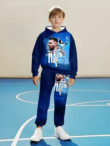Argentina Honor Messi Hoodie Sweatpants Set for Boys, Deep Blue Casual Fitted Athletic Sweatshirt, Fall & Winter Soccer Fan Clothing, Hoodies