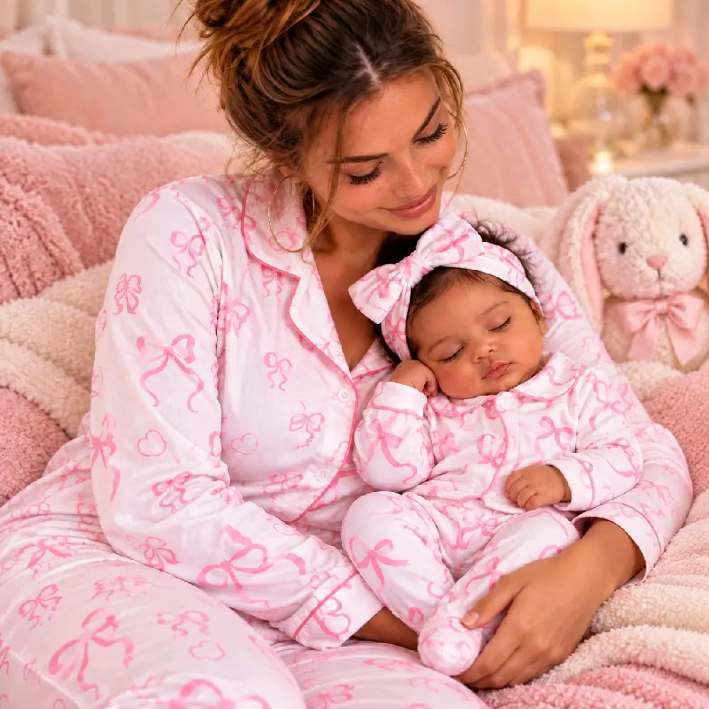 Mommy & Daughter Matching Pink Bow Pajama Set – Women’s & Baby Girl 2-Piece Sleepwear – Sold Separately – Headband Not Included