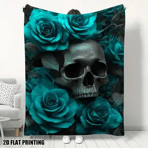 Elegant Gothic Floral Halloween Throw Blanket with Dark Teal Roses and Skulls Plush AllSeason Couch Bedspread for Living Room and Office Halloween Party Decor Cozy Home Accent
