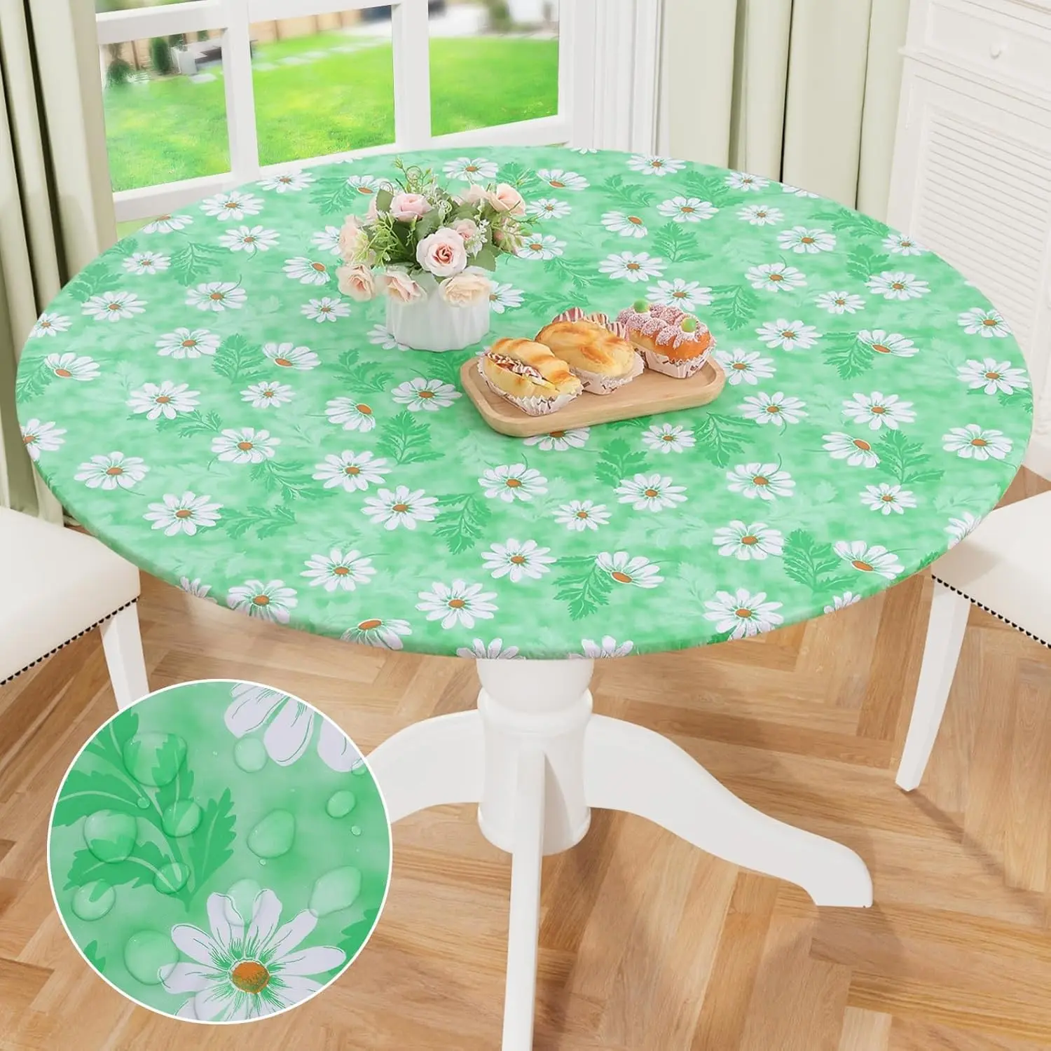 1pc Round Daisy Aesthetic Table Cover, Vinyl Waterproof Oil-Resistant Easy Clean, Non-Slip Rubber Band Backing, Outdoor Indoor Use Home