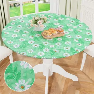 1pc Round Daisy Aesthetic Table Cover, Vinyl Waterproof Oil-Resistant Easy Clean, Non-Slip Rubber Band Backing, Outdoor Indoor Use