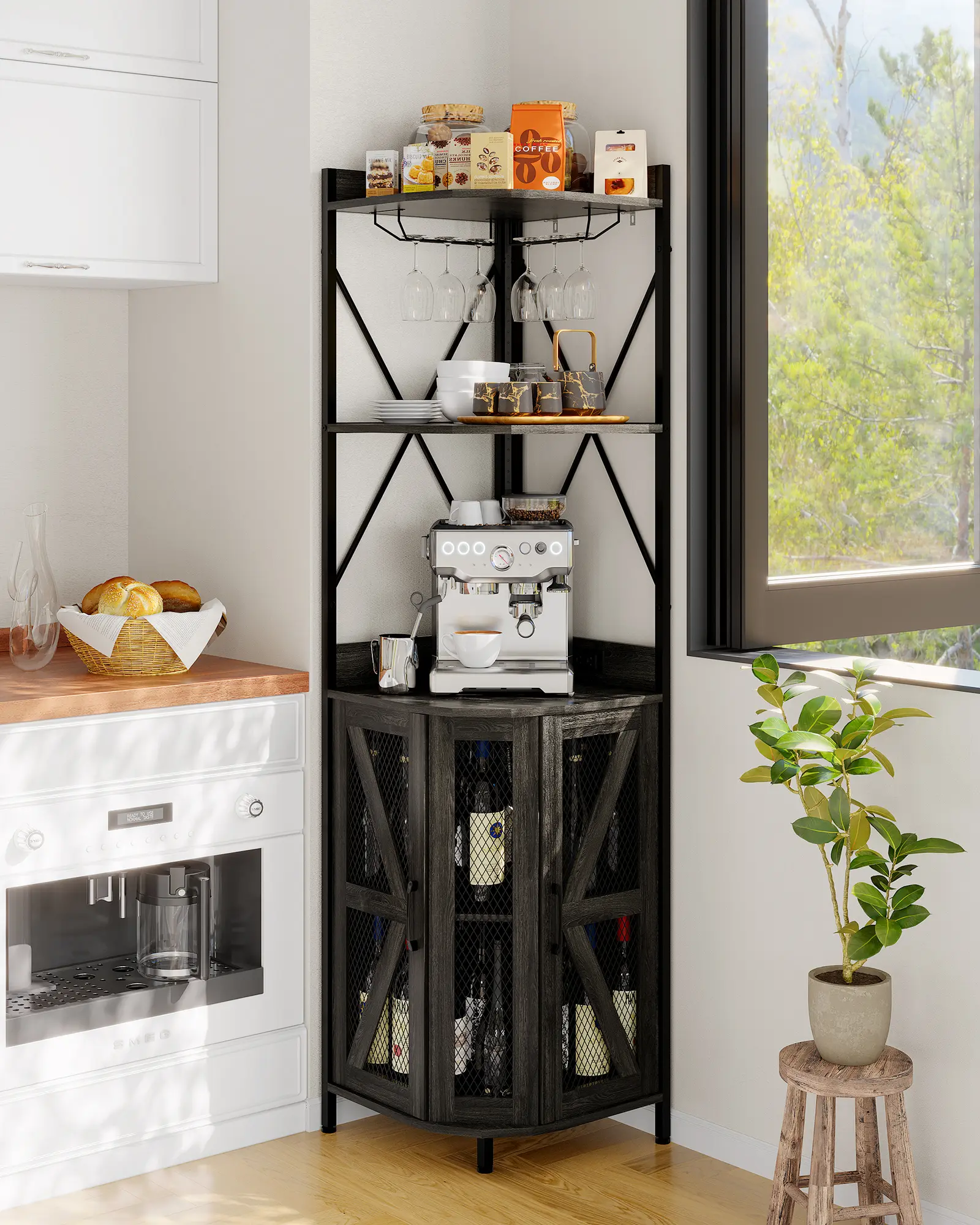 Garvee 68in Corner Bar Cabinet with Power Outlet, Industrial Wine Cabinet w/ LED Strip&Glass Holder, 5-Tiers Liquor Cabinets Bar for Home, Small Space, Display Cabinets for , 12 Colors, Tempered Door