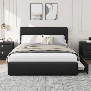 Garvee Upholstered Platform Bed Frame with Headboard, Faux Leather Low Profile Bed Frame with Storage Drawers, Wood Slat Support, No Box Spring Needed, Easy Assembly