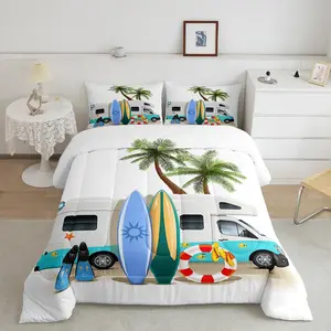 Ocean Beach Down Comforter,Cartoon Surfboard Bus Bedding Set,Palm Trees Comforter Set for Boys Girls,Tropical Coastal Summer Holiday Duvet Insert