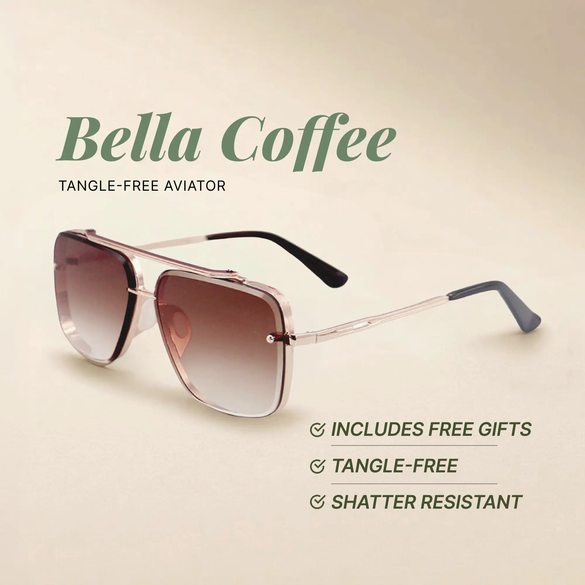 Bella - Coffee - Tangle Free Aviator Sunglasses - Certified Shatter-Resistant Lenses - UV400 - For Women & Men
