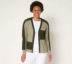 AnyBody Cotton Color Block Button Front Sweater Cardigan
