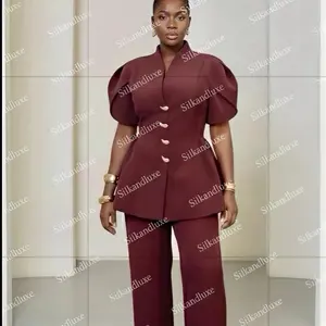 Silkandluxe The Amara Sculpted Power Set - Deep Bordeaux Tunic Blazer with Tulip Sleeves & High-Waisted Wide-Leg Trousers