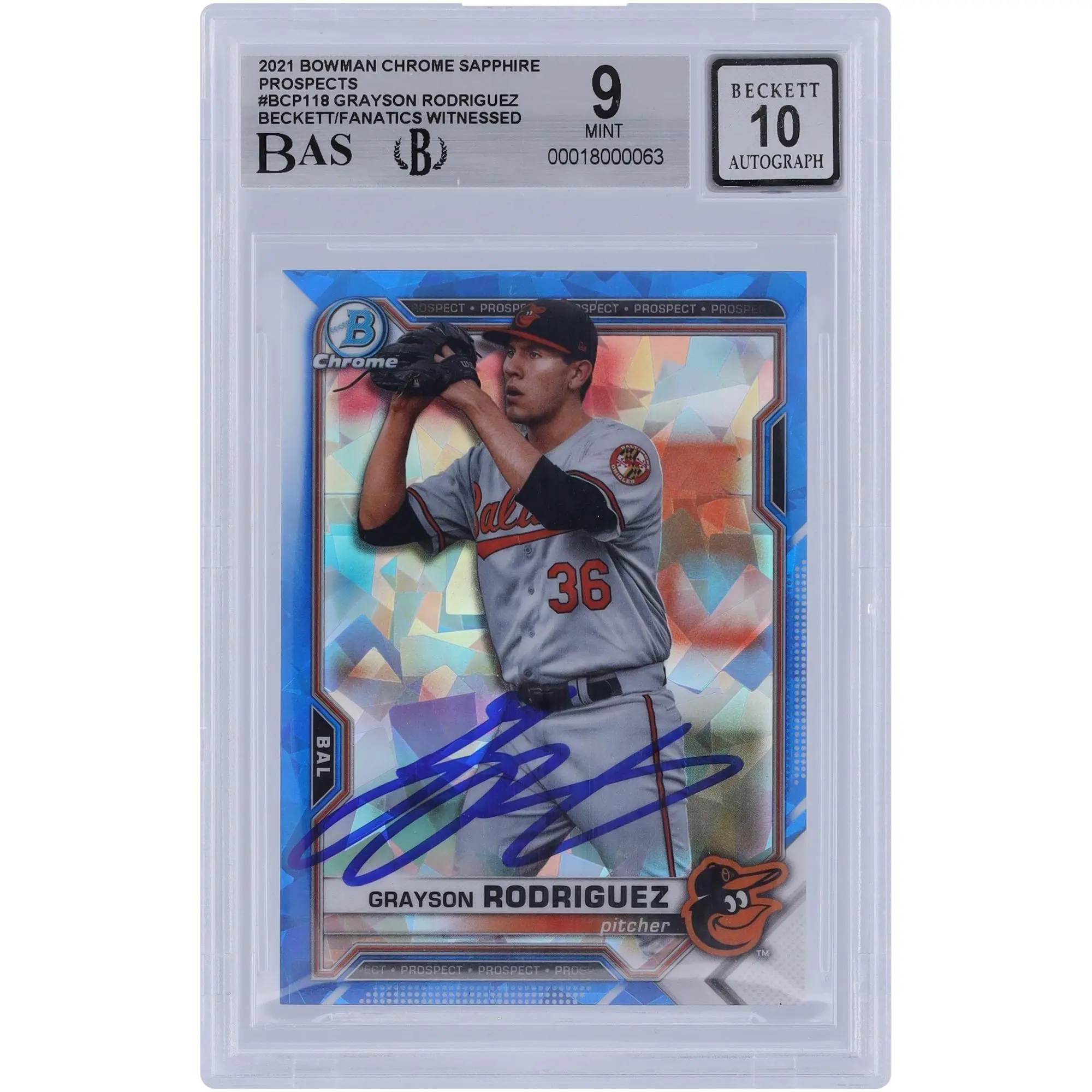 Grayson Rodriguez Baltimore Orioles Autographed 2021 Bowman Chrome Prospects Saphhire #BCP-118 Beckett Fanatics Witnessed Authenticated 9/10 Card - Fanatics Authentic Certified