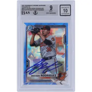 Grayson Rodriguez Baltimore Orioles Autographed 2021 Bowman Chrome Prospects Saphhire #BCP-118 Beckett Fanatics Witnessed Authenticated 9/10 Card - Fanatics Authentic Certified