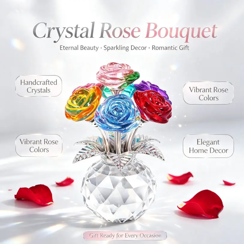 Multicolored Crystal Rainbow Rose with Compact Vase-Light Catcher Prism, Decorative Everlasting Blooming Roses Artificial Flower Home Decor, Women Gifts for Graduation, Office & Living Room Centerpiece