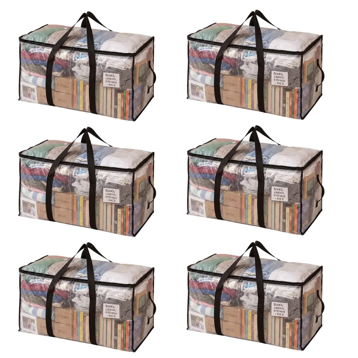 3/6/9 Pack Extra Large Heavy Duty Moving & Storage Bags - Transparent Thick Plastic Foldable Rectangle Bags with Zippers, Handles, Hinged Lid, 50 lb Load Capacity, 88L