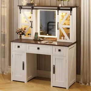 Bellemave 43.3" Farmhouse Makeup Vanity Desk with Lighted Mirror, Vanity Table Set with Charging Station, Dressing Table with Sliding Barn Door Hidden Shelves & 3 Drawers & 4 Cabinets, Beige