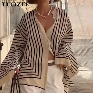 Women's Oversized Striped Stand-Up Collar Long-Sleeve Button-Down Blouse, Lightweight Casual Fabric Shirt with Relaxed Fit for Holiday & All-Season Wear,summervibes