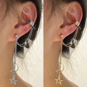 [Limited time event] Long star and moon tassel ear bone clip niche versatile personality punk chain earrings for birthday gifts