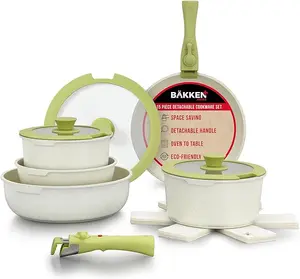 Bakken-Swiss Detachable 15-Piece Cookware Set – Granite Non-Stick – Eco-Friendly – stackable Removable Handles – for All Stoves & Oven-Safe - Green/cream color