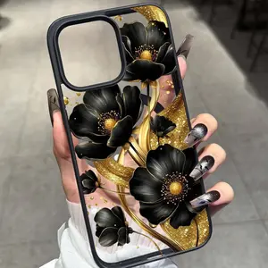 Gold Floral Silk Pattern Acrylic Anti-Drop Phone Case, Magnetic Ring Wireless Charging, Fits Apple iPhone & Samsung Models