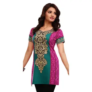Indian Style Printed Kurtis for Women Short Crepe Kurti V-Neck, Short Sleeves Tunic Top Blouse. 1912-SS