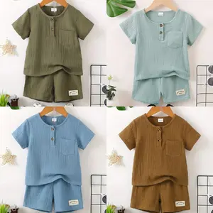 Kids Cotton Linen Solid Color Short Sleeve Shorts Summer Outfit Set for Boys Girls Breathable Casual Two Piece
