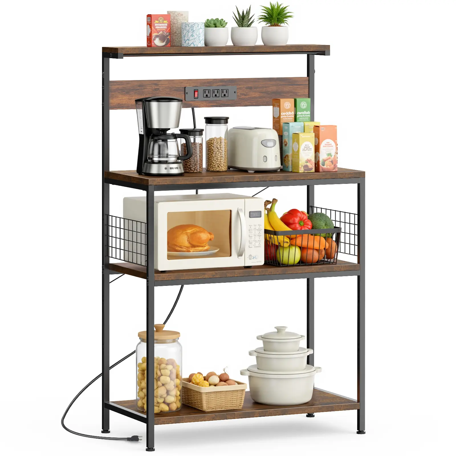4-Tier Freestanding Kitchen Bakers Rack with Power Outlet, Coffee Bar Station, Microwave Oven Stand, Adjustable Storage Shelf for Spices, Indoor Furniture Shelf for Kitchen Organization, Configurable Baker's Racks