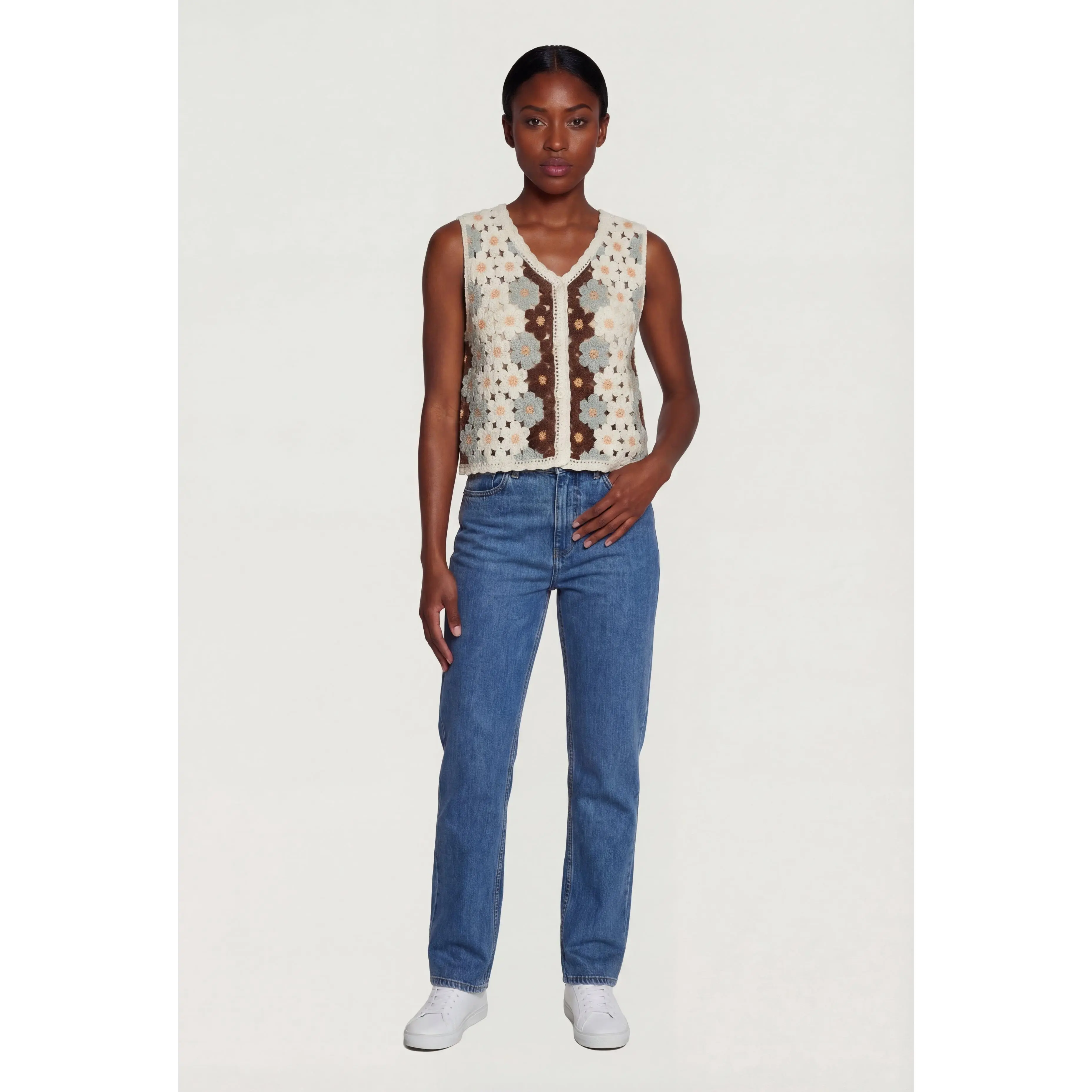 Floral Crochet Button Front Sweater Vest