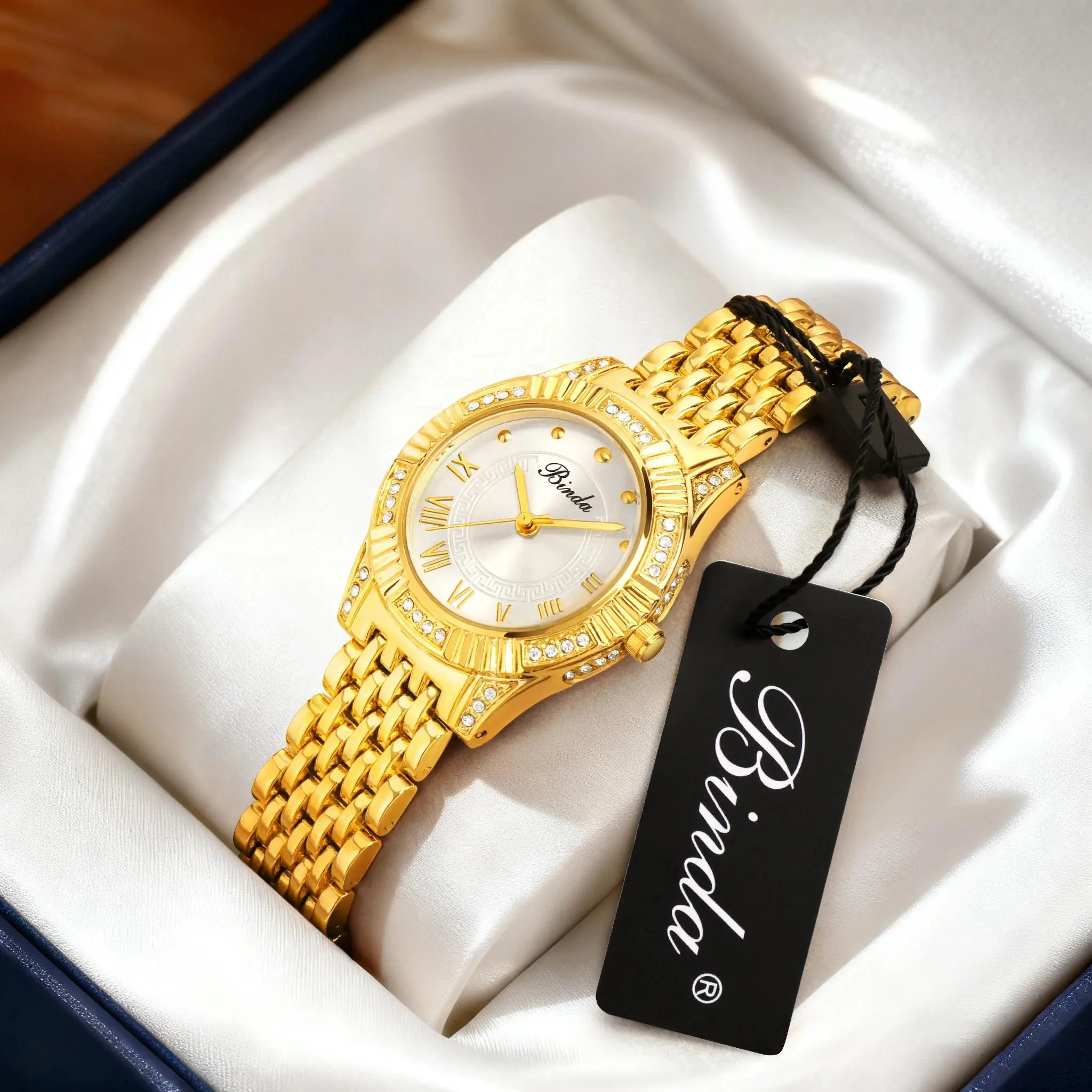 Binda Women's Fully Iced-Out Quartz Watch - Elegant Round Dial, High-Quality Rhinestones, Multi-Color Options, Comes With Gift Box, Not Applicable