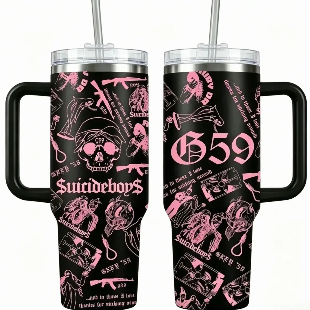 G59 Grey Five Nine Suicideboys 40oz Insulated Tumbler, Multicolor Skull Collage Aesthetic Travel Mug, Dark Trap Goth Underground Rap Style Cup, Premium Stainless Steel Heat Cold Retention Drinkware