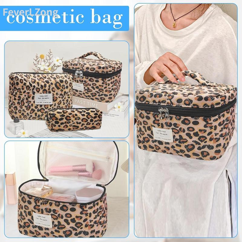 Floral Quilted Makeup Organizer Set Padded Cotton Cosmetic Bag Set in Leopard Print for Travel and Storage pattern multifunctional