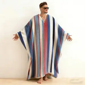 Men's V-Neck Striped Print Flannel Kaftan Robe, Classic Vertical Line Pattern Brushed Cotton Long Sleeve Open Front Loungewear, Soft Warm Hoodless Bathrobe for Nautical & Modern Home Relaxation, Gift for Him