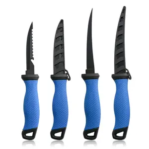 Blue multi-functional stainless steel fishing knife set, with anti-slip handle, outdoor fish scale scraper and slicer, durable fish scale scraper and kitchen fish fillet knife.