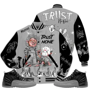 12 Retro Wolf Grey Varsity Jacket, Black Wolf Grey 12s Shirt, Scary Trust No One Graffiti Streetwear Sneaker Matching Outfits Ideas Clothes Fabric Athletic Casual