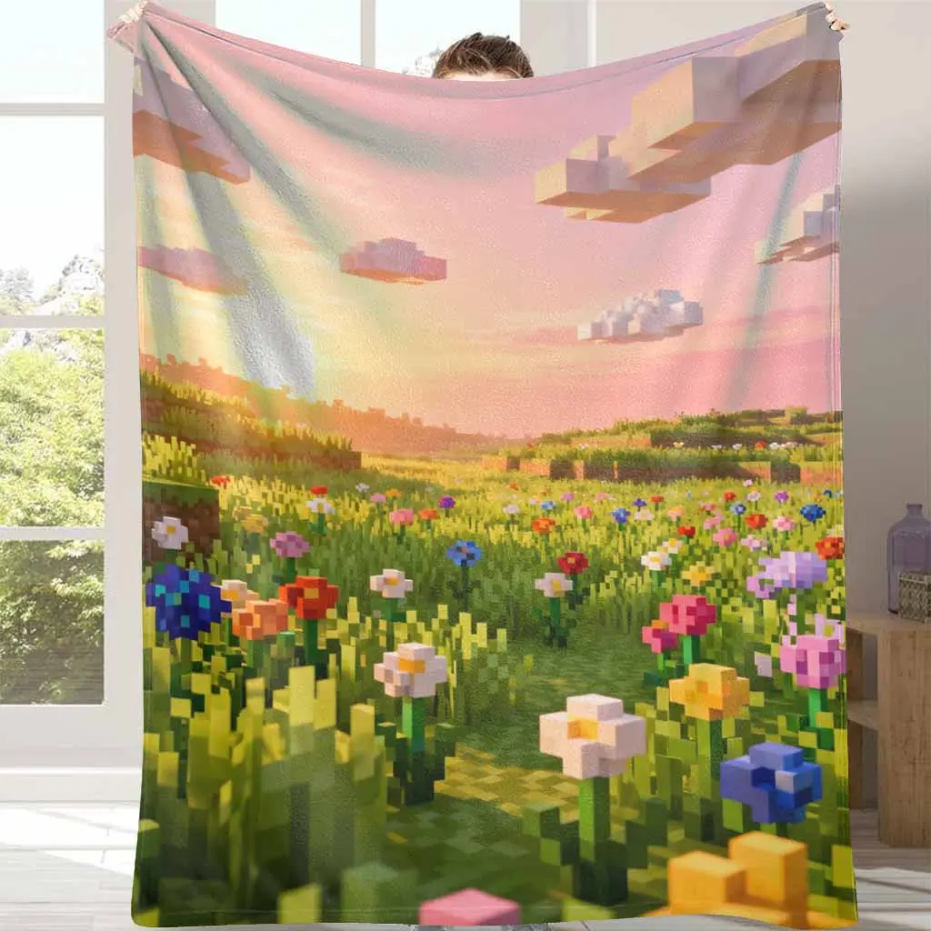 Minecraft Pixel Art Landscape Flannel Fabric Blanket - Sunset Scene Print, Wrinkle Resistant, Anti-Fade, Durable, Lightweight, Soft Cozy, Machine Washable Multi-Size Throw for Bedroom, Living Room, Ideal Home Decor Gift, Travel