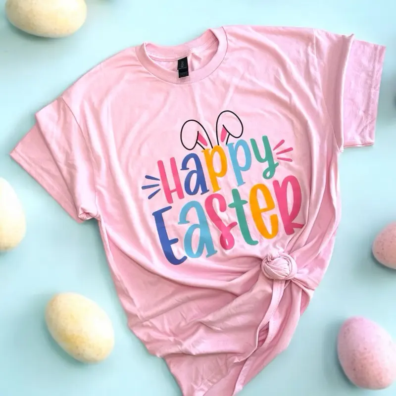 Happy Easter T-Shirt - Pink and White Top with Colorful Text Design for Women - Womenswear