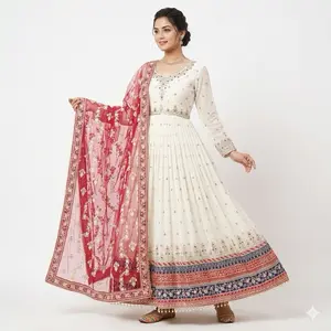 Indian Casual Outfit Women's Dress with Yellow and Black Embroidery Heavy Faux Georgette Gown Dupatta & Bottom Set for Various Occasions Sleeve Summer Party