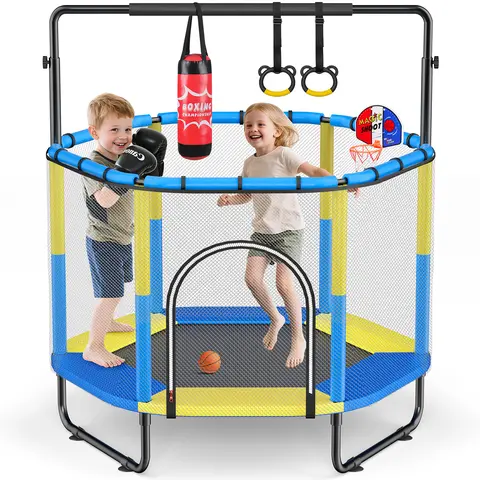 60" Trampoline for Kids with Net,  Toddler Trampoline Indoor Outdoor Playset with Basketball Hoop, Gymnastic Rings & Punching Bag, Kids Trampoline Toys for Boys Girls Ages 1-8
