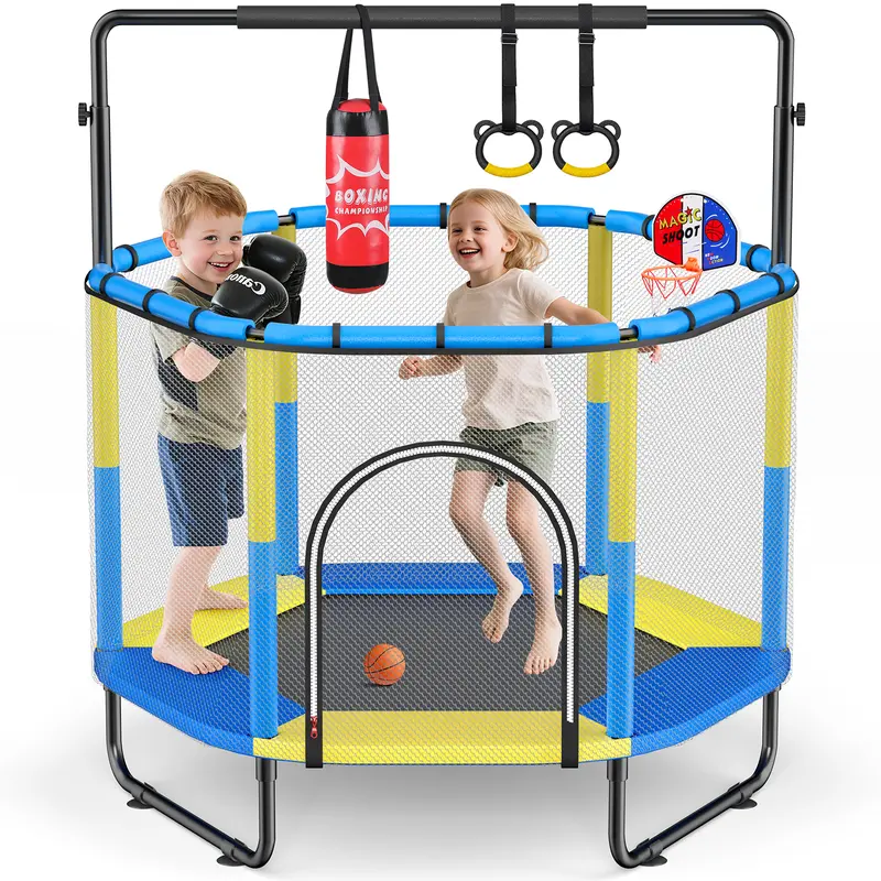 60" Trampoline for Kids with Net, Toddler Trampoline Indoor Outdoor Playset with Basketball Hoop, Gymnastic Rings & Punching Bag, Kids Trampoline Toys for Boys Girls Ages 1-8