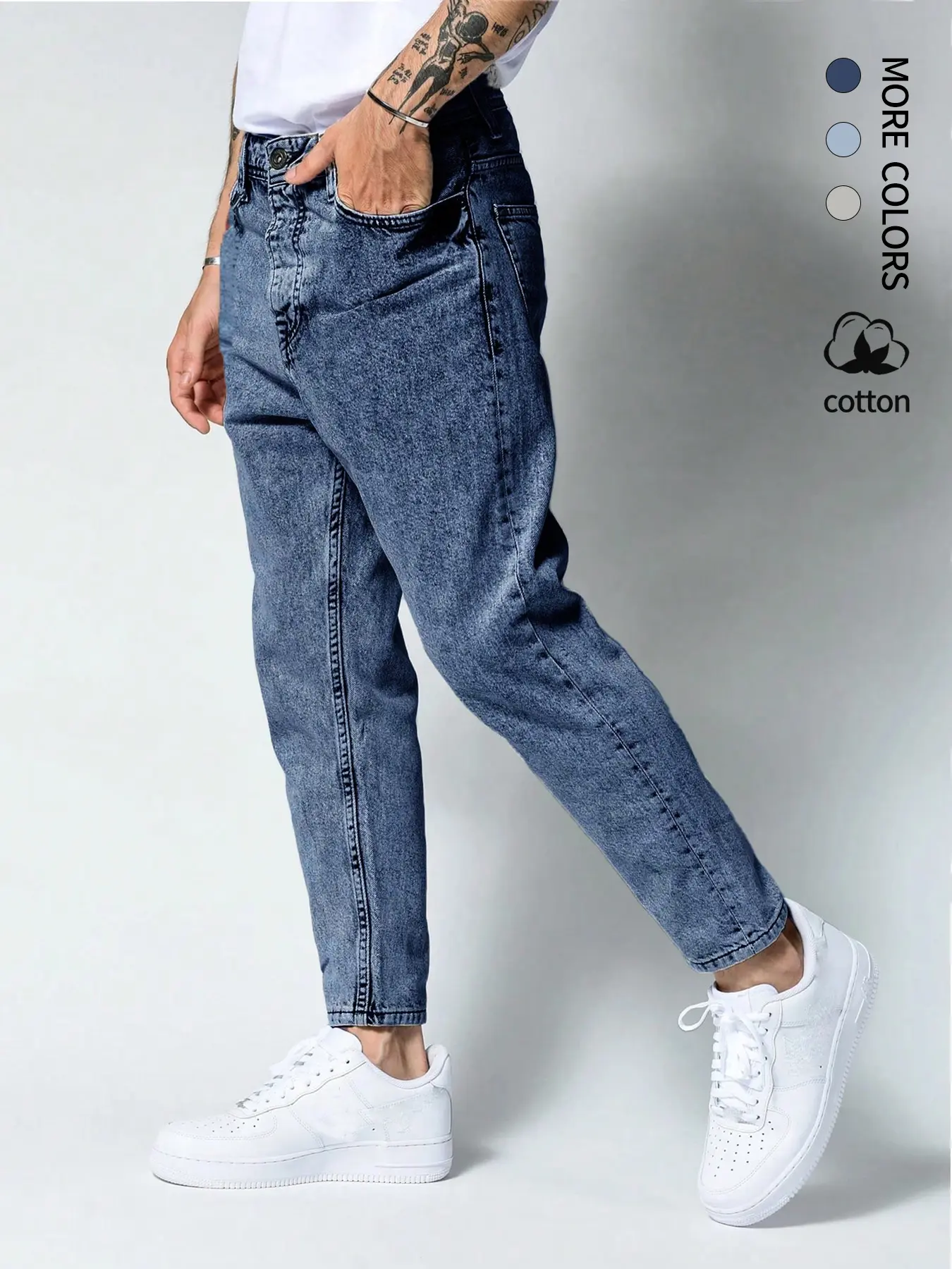 Minimalist men’s nine-tenth (9/10) length denim jeans, Men’s Authentic Comfortable Jeans, Vintage Cement Denim, Classic Five-Pocket Regular Fit, Natural Waist, Button Fly, All Seasons Streetwear Pants