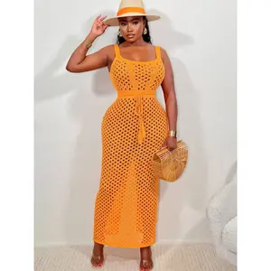 summer work outfit Sexy Crochet Hollow Out Summer Beach Dress Women 2025 Tank Sleeveless See Through High Waist Vacation Maxi Long Dresses Sundress