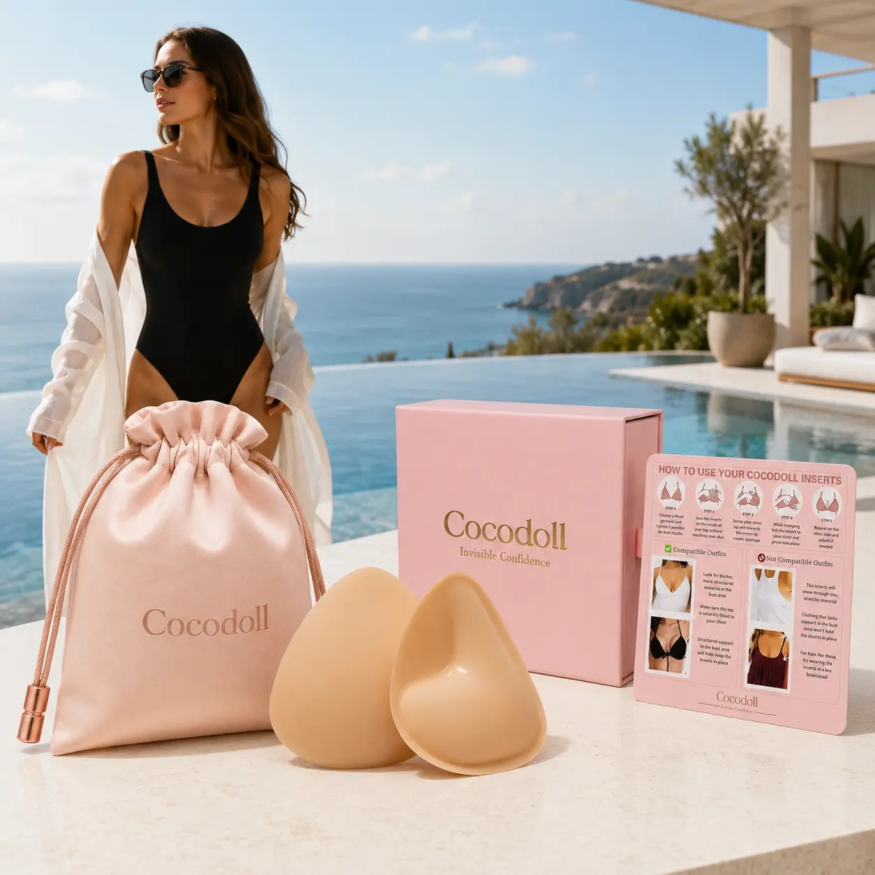 Cocodoll Women’s Double-Sided Sticky Cotton-Silicon Push-Up Pads, Reusable Bra Accessories with Secure Hold, Invisible Support for Swim-Sports Wear & Evening Dresses