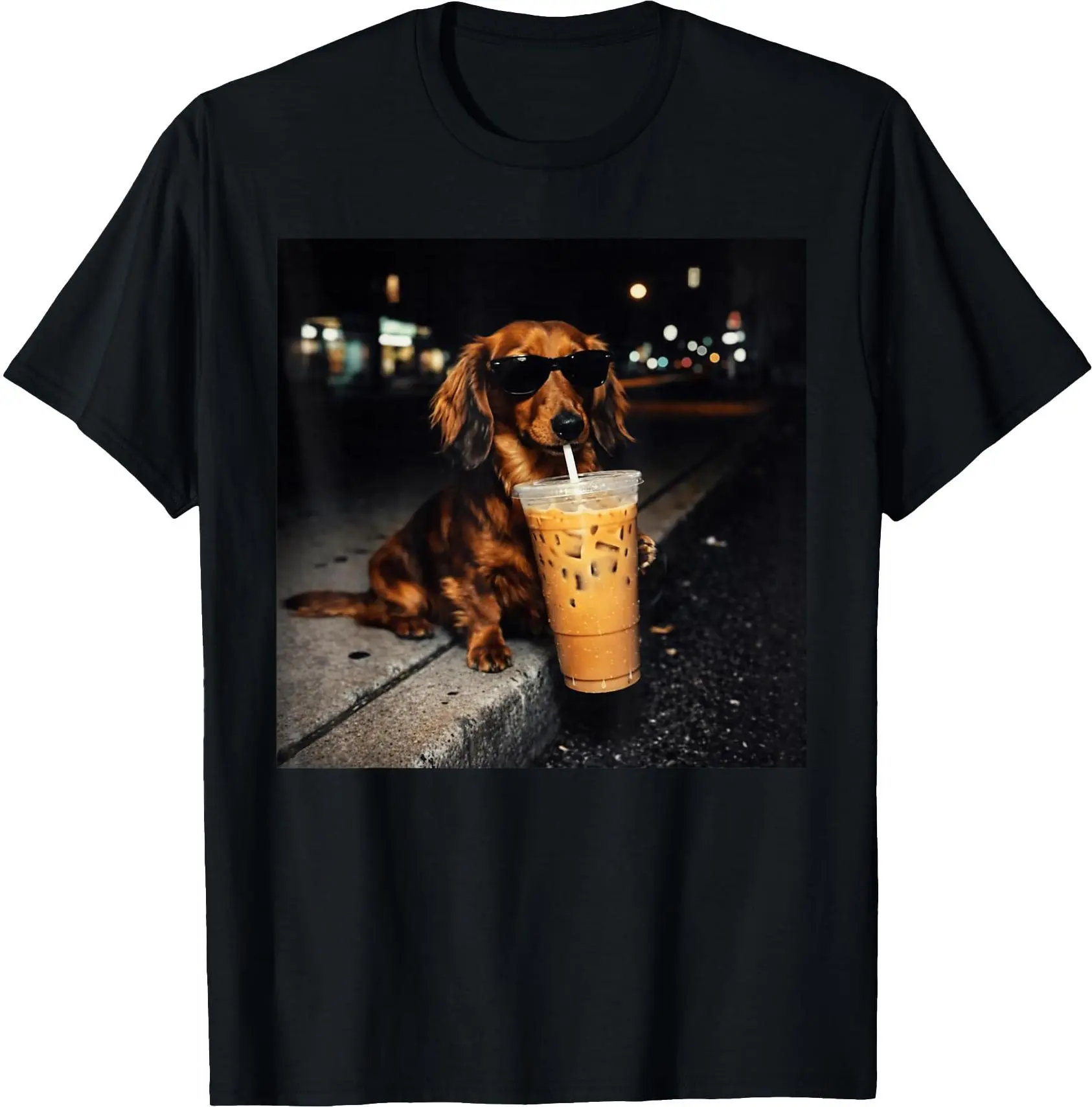 Men's 100% Cotton Short-Sleeve Round Neck Top, Dachshund Drinking Iced Coffee Print T-Shirt with Funny Dog Meme Humor