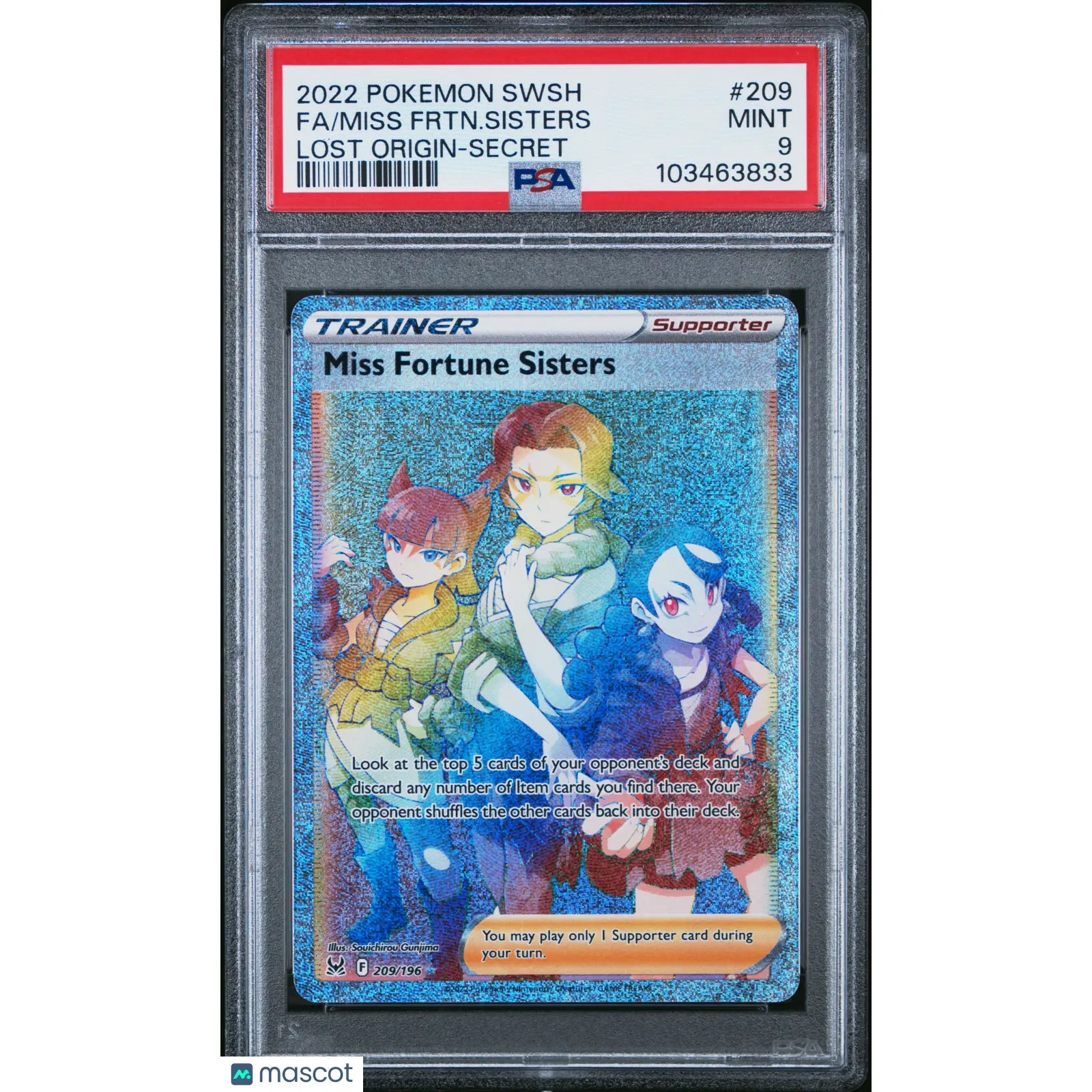 2022 PSA 9 FA Miss Fortune Sisters #209 Rainbow SR Pokemon TCG SWSH Lost Origin