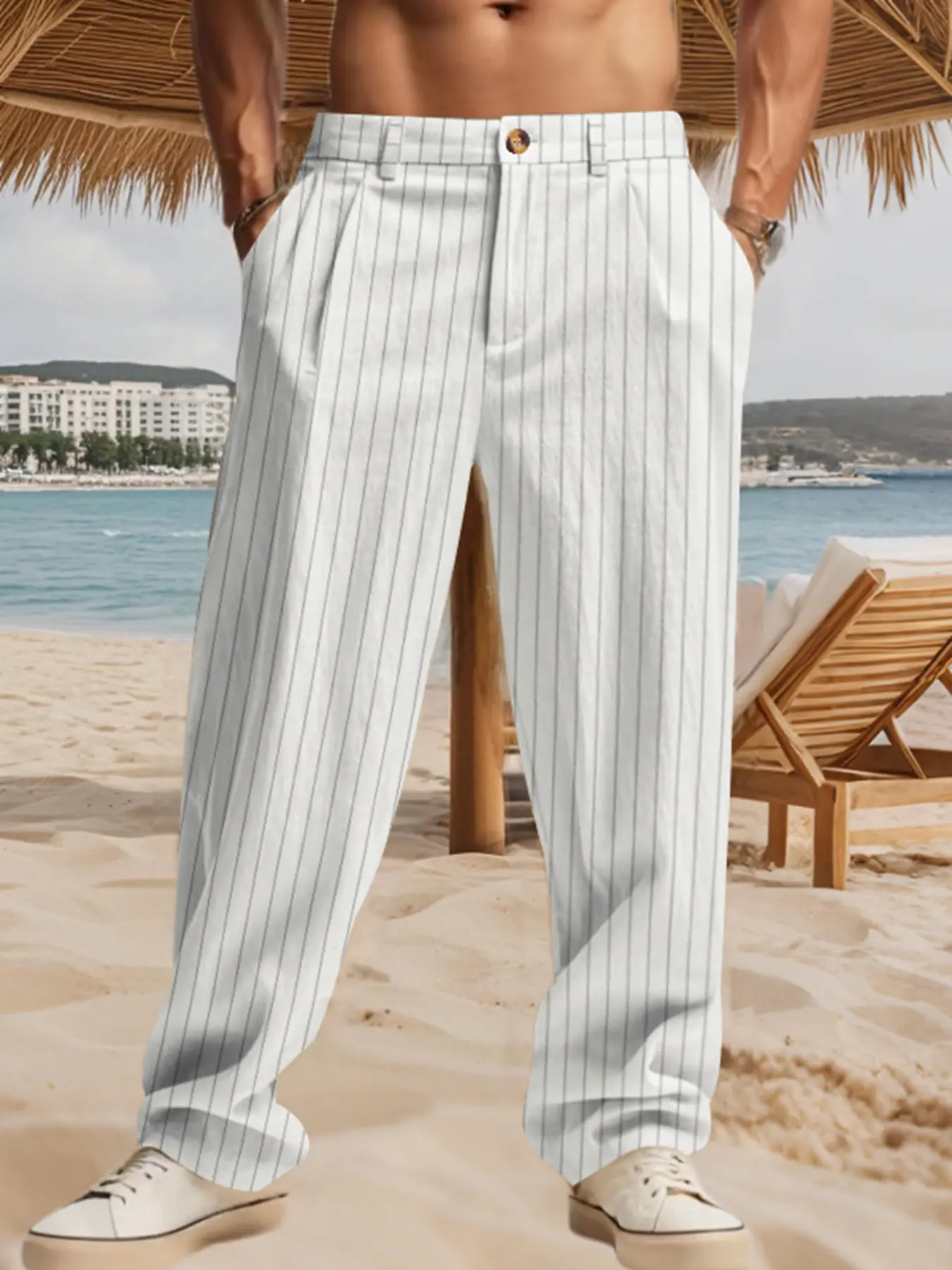 Men's Casual Linen Pants, Casual Fitted Pants, Summer Thin Striped Zipper Straight Leg Men's Western Style Trousers, Breathable Summer Streetwear, Casual Comfy Fashion, Spring & Fall Fashion