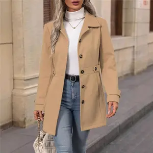 Women's Solid Double Button Pocket Longsleeves Overcoat, Chic Fitted Casual Lapel Neck Outerwear for Fall & Winter, Women's Clothes for Daily Wear, Clothes for Women, Cute Tops, Jackets for Women, Lady Trending Clothing Women, Elegant Womenswear