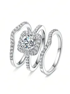 3 Pcs/Set Classical Cubic Zirconia Elegant Bridal Rings For Women Wedding Promise Rings For Wedding Engagement Anniversary Jewelry Valentine's Day Gift